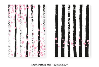 Pink glitter confetti with dots and sequins. Wedding and bridal shower invitation cards set. Vertical stripes background. Luxury pink glitter confetti for party, event, save the date flyer.