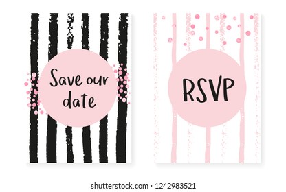 Pink glitter confetti with dots and sequins. Wedding and bridal shower invitation cards set. Vertical stripes background. Tender pink glitter confetti for party, event, save the date flyer.