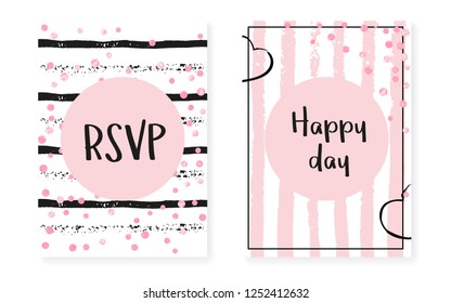 Pink glitter confetti with dots and sequins. Wedding and bridal shower invitation cards set. Vertical stripes background. Tender pink glitter confetti for party, event, save the date flyer.