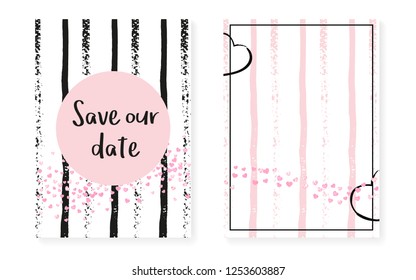 Pink glitter confetti with dots and sequins. Wedding and bridal shower invitation cards set. Vertical stripes background. Stylish pink glitter confetti for party, event, save the date flyer.
