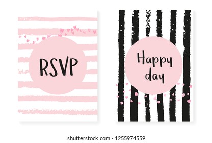 Pink glitter confetti with dots and sequins. Wedding and bridal shower invitation cards set. Vertical stripes background. Creative pink glitter confetti for party, event, save the date flyer.