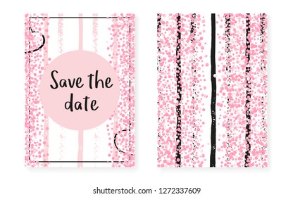 Pink glitter confetti with dots and sequins. Wedding and bridal shower invitation cards set. Vertical stripes background. Fashion pink glitter confetti for party, event, save the date flyer.
