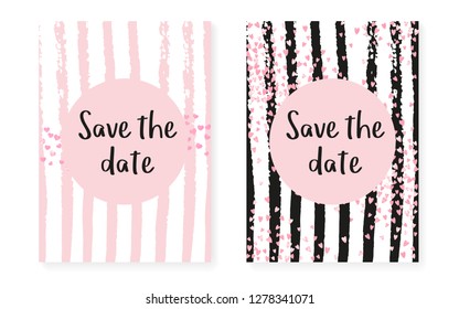 Pink glitter confetti with dots and sequins. Wedding and bridal shower invitation cards set. Vertical stripes background. Trendy pink glitter confetti for party, event, save the date flyer.