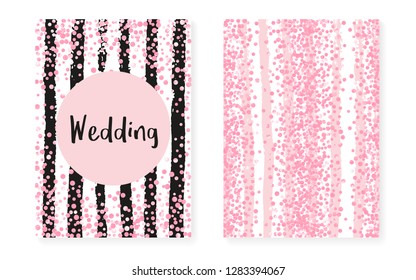 Pink glitter confetti with dots and sequins. Wedding and bridal shower invitation cards set. Vertical stripes background. Elegant pink glitter confetti for party, event, save the date flyer.