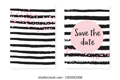 Pink glitter confetti with dots and sequins. Wedding and bridal shower invitation cards set. Vertical stripes background. Fashion pink glitter confetti for party, event, save the date flyer.