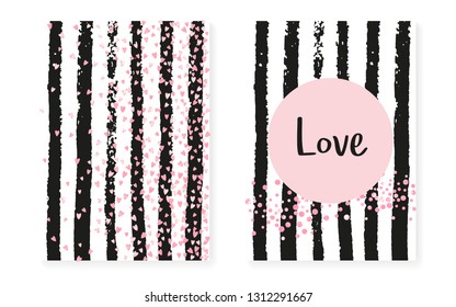 Pink glitter confetti with dots and sequins. Wedding and bridal shower invitation cards set. Vertical stripes background. Stylish pink glitter confetti for party, event, save the date flyer.