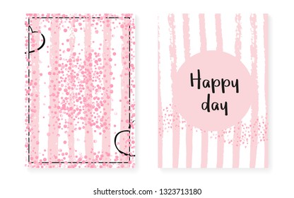 Pink glitter confetti with dots and sequins. Wedding and bridal shower invitation cards set. Vertical stripes background. Vintage pink glitter confetti for party, event, save the date flyer.