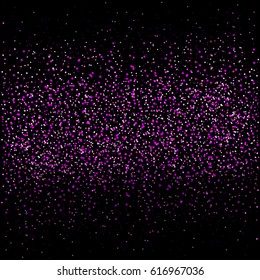 Pink glitter confetti falling on black background. Shining pink glitter luxurious design cards. Christmas glowing pink snow card.