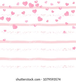 Pink glitter confetti with hearts on pink stripes. Falling sequins with metallic shimmer. Template with pink glitter confetti for greeting card, bridal shower and save the date invite.