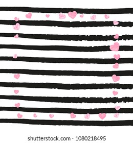 Pink glitter confetti with hearts on black stripes. Random falling sequins with metallic shimmer. Template with pink glitter confetti for greeting card, bridal shower and save the date invite.