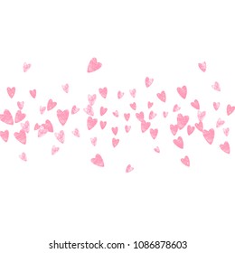 Pink glitter confetti with hearts on isolated backdrop. Falling sequins with shimmer and sparkles. Design with pink glitter confetti for party invitation, event banner, flyer, birthday card.