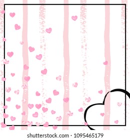Pink glitter confetti with hearts on pink stripes. Random falling sequins with glossy sparkles. Design with pink glitter confetti for party invitation, event banner, flyer, birthday card.