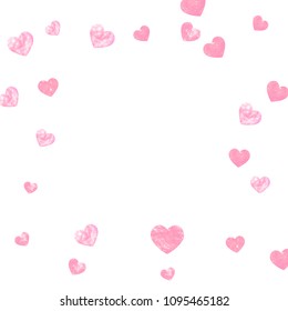 Pink glitter confetti with hearts on isolated backdrop. Random falling sequins with metallic shimmer. Design with pink glitter confetti for party invitation, banner, greeting card, bridal shower.