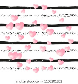 Pink glitter confetti with hearts on black stripes. Random falling sequins with glossy sparkles. Template with pink glitter confetti for party invitation, banner, greeting card, bridal shower.