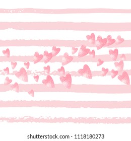 Pink glitter confetti with hearts on pink stripes. Sequins with metallic shimmer and sparkles. Design with pink glitter confetti for party invitation, bridal shower and save the date invite.