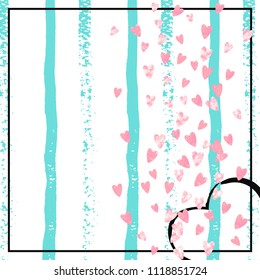 Pink glitter confetti with hearts on turquoise stripes. Shiny falling sequins with shimmer and sparkles. Design with pink glitter confetti for party invitation, event banner, flyer, birthday card.