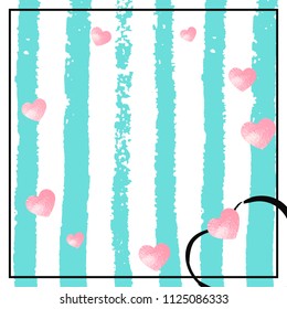 Pink glitter confetti with hearts on turquoise stripes. Shiny random falling sequins with sparkles. Design with pink glitter confetti for party invitation, bridal shower and save the date invite.