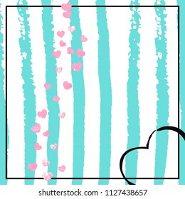 Pink glitter confetti with hearts on turquoise stripes. Random falling sequins with glossy sparkles. Design with pink glitter confetti for party invitation, bridal shower and save the date invite.