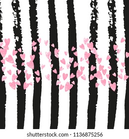 Pink glitter confetti with hearts on black stripes. Random falling sequins with metallic shimmer. Template with pink glitter confetti for greeting card, bridal shower and save the date invite.