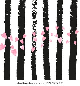 Pink glitter confetti with hearts on black stripes. Falling sequins with metallic shimmer. Design with pink glitter confetti for party invitation, bridal shower and save the date invite.