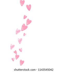 Pink glitter confetti with hearts on isolated backdrop. Falling sequins with metallic shimmer. Design with pink glitter confetti for party invitation, banner, greeting card, bridal shower.