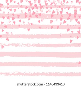 Pink glitter confetti with hearts on pink stripes. Shiny random falling sequins with shimmer. Template with pink glitter confetti for party invitation, banner, greeting card, bridal shower.