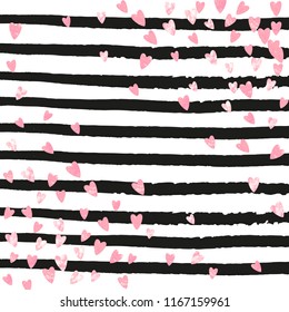 Pink glitter confetti with hearts on black stripes. Falling sequins with glossy sparkles. Template with pink glitter confetti for greeting card, bridal shower and save the date invite.