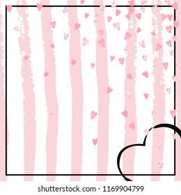 Pink glitter confetti with hearts on pink stripes. Random falling sequins with metallic shimmer. Template with pink glitter confetti for party invitation, banner, greeting card, bridal shower.