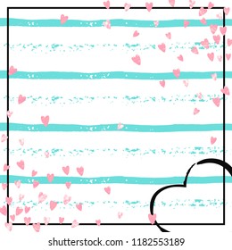 Pink glitter confetti with hearts on turquoise stripes. Random falling sequins with metallic shimmer. Design with pink glitter confetti for party invitation, event banner, flyer, birthday card.
