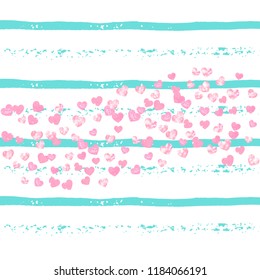 Pink glitter confetti with hearts on turquoise stripes. Shiny random sequins with metallic sparkles. Design with pink glitter confetti for party invitation, event banner, flyer, birthday card.