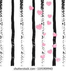 Pink glitter confetti with hearts on black stripes. Shiny falling sequins with shimmer and sparkles. Design with pink glitter confetti for party invitation, banner, greeting card, bridal shower.