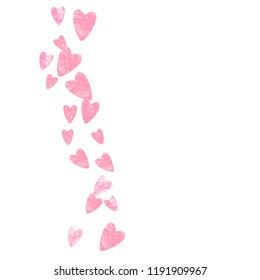 Pink glitter confetti with hearts on isolated backdrop. Falling sequins with metallic shimmer. Design with pink glitter confetti for party invitation, event banner, flyer, birthday card.