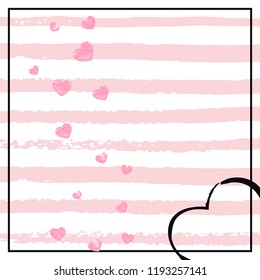 Pink glitter confetti with hearts on pink stripes. Shiny falling sequins with shimmer and sparkles. Template with pink glitter confetti for party invitation, bridal shower and save the date invite.