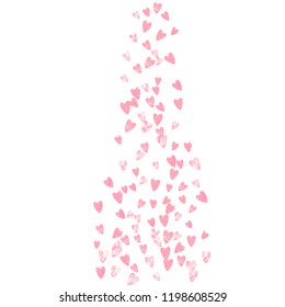 Pink glitter confetti with hearts on isolated backdrop. Shiny random falling sequins with sparkles. Design with pink glitter confetti for greeting card, bridal shower and save the date invite.