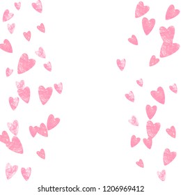 Pink glitter confetti with hearts on isolated backdrop. Shiny random sequins with metallic sparkles. Design with pink glitter confetti for greeting card, bridal shower and save the date invite.