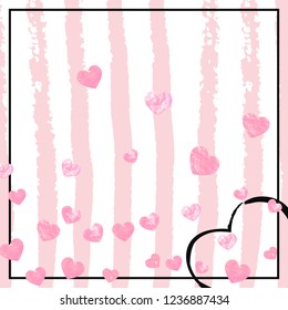 Pink glitter confetti with hearts on pink stripes. Falling sequins with shimmer and sparkles. Template with pink glitter confetti for party invitation, bridal shower and save the date invite.