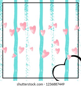 Pink glitter confetti with hearts on turquoise stripes. Falling sequins with glossy sparkles. Design with pink glitter confetti for party invitation, event banner, flyer, birthday card.