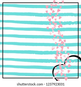 Pink glitter confetti with hearts on turquoise stripes. Random falling sequins with glossy sparkles. Design with pink glitter confetti for greeting card, bridal shower and save the date invite.