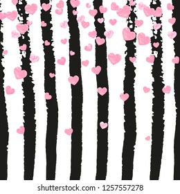 Pink glitter confetti with hearts on black stripes. Random falling sequins with metallic shimmer. Template with pink glitter confetti for party invitation, bridal shower and save the date invite.