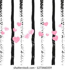 Pink glitter confetti with hearts on black stripes. Shiny random sequins with metallic sparkles. Template with pink glitter confetti for party invitation, banner, greeting card, bridal shower.