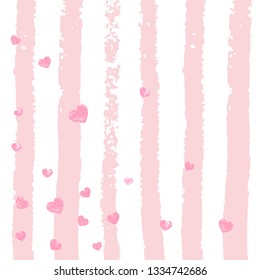 Pink glitter confetti with hearts on pink stripes. Random falling sequins with glossy sparkles. Template with pink glitter confetti for greeting card, bridal shower and save the date invite.