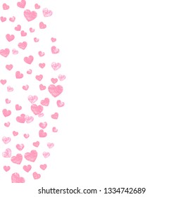 Pink glitter confetti with hearts on isolated backdrop. Falling sequins with metallic shimmer. Design with pink glitter confetti for party invitation, bridal shower and save the date invite.