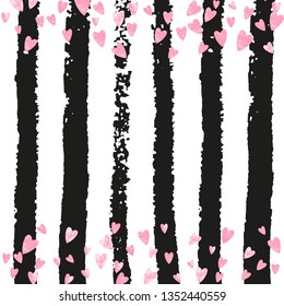 Pink glitter confetti with hearts on black stripes. Shiny random sequins with metallic sparkles. Design with pink glitter confetti for greeting card, bridal shower and save the date invite.