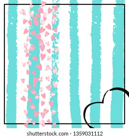 Pink glitter confetti with hearts on turquoise stripes. Shiny falling sequins with shimmer and sparkles. Design with pink glitter confetti for greeting card, bridal shower and save the date invite.