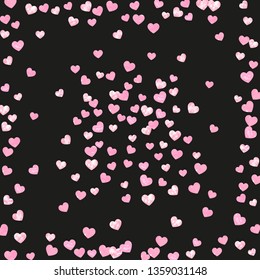 Pink glitter confetti with hearts on isolated backdrop. Random falling sequins with metallic shimmer. Design with pink glitter confetti for party invitation, banner, greeting card, bridal shower.