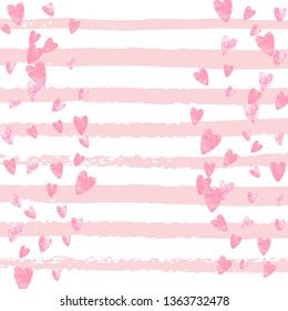 Pink glitter confetti with hearts on pink stripes. Random falling sequins with metallic shimmer. Template with pink glitter confetti for party invitation, bridal shower and save the date invite.