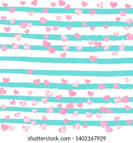 Pink glitter confetti with hearts on turquoise stripes. Shiny random sequins with metallic sparkles. Design with pink glitter confetti for greeting card, bridal shower and save the date invite.