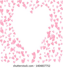 Pink glitter confetti with hearts on isolated backdrop. Shiny random sequins with metallic sparkles. Design with pink glitter confetti for party invitation, banner, greeting card, bridal shower.