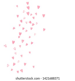 Pink glitter confetti with hearts on isolated backdrop. Falling sequins with shimmer and sparkles. Design with pink glitter confetti for party invitation, event banner, flyer, birthday card.