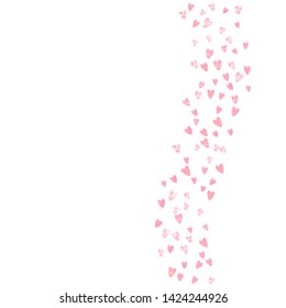 Pink glitter confetti with hearts on isolated backdrop. Sequins with metallic shimmer and sparkles. Design with pink glitter confetti for party invitation, event banner, flyer, birthday card.